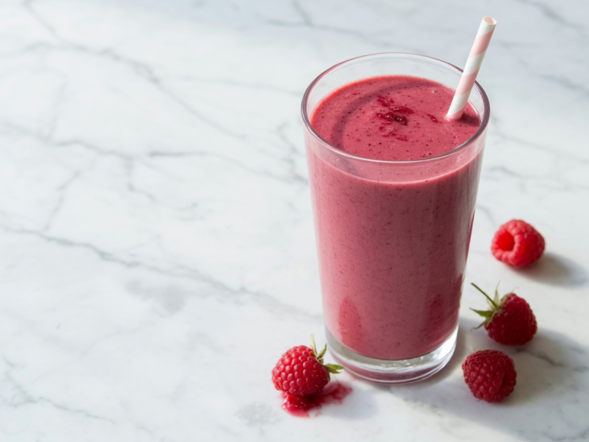Tall glass of berry smoothie with raspberries beside it