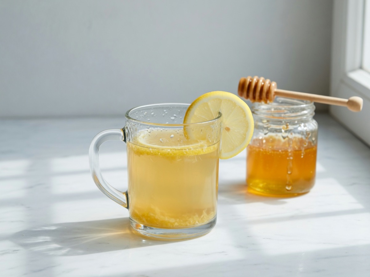 Clear mug of honey lemon tea with a lemon slice and a jar of honey