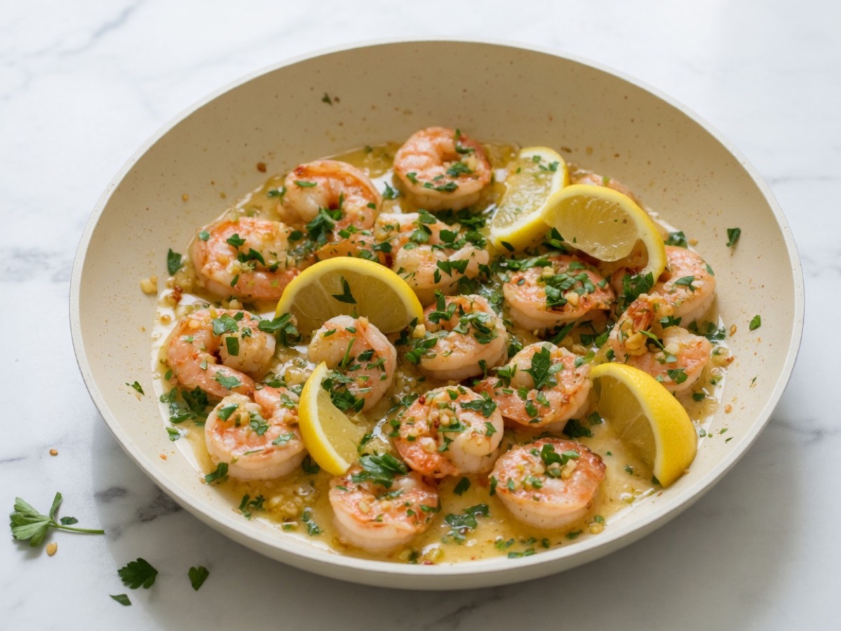 Skillet of shrimp in lemon garlic butter with parsley