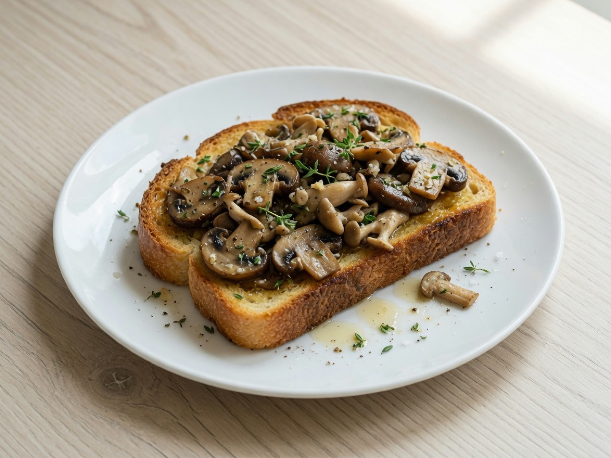 Toast topped with sautéed mushrooms on a white plate