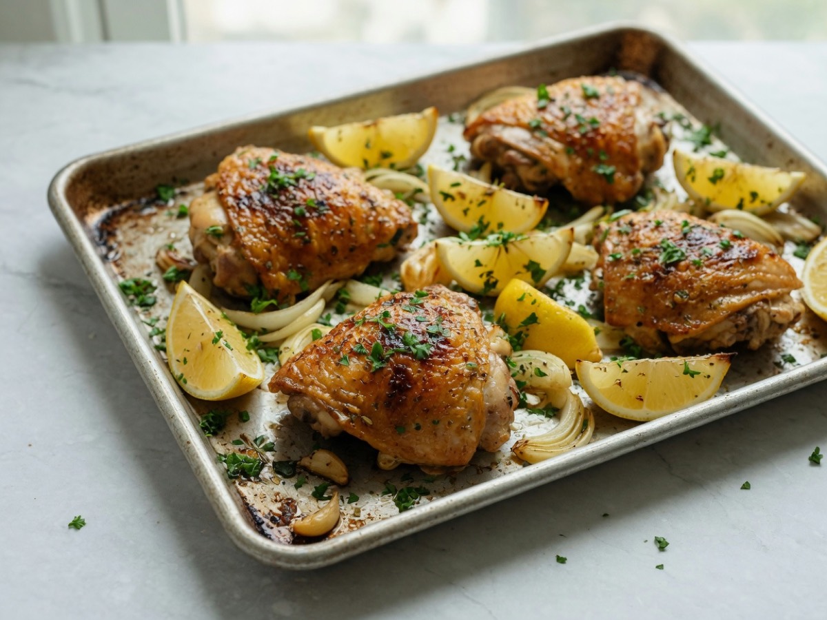 Roasted chicken thighs with lemon wedges on a sheet pan